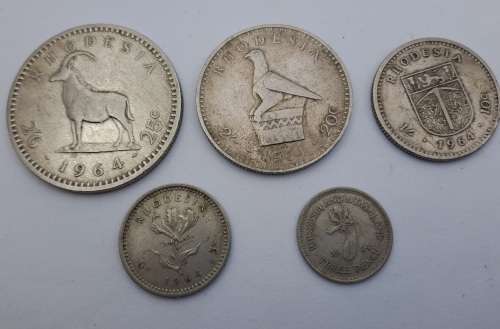 1964 Rhodesia coins 25c(2½ Shillings ),20c( 2 Shillings),10c(1 shilling)sixpence and 3 pence