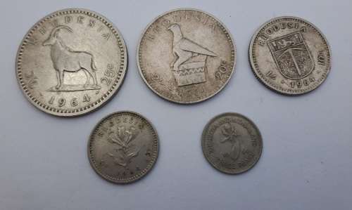 1964 Rhodesia coins 25c(2½ Shillings ),20c( 2 Shillings),10c(1 shilling)sixpence and 3 pence