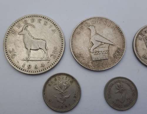 1964 Rhodesia coins 25c(2½ Shillings ),20c( 2 Shillings),10c(1 shilling)sixpence and 3 pence