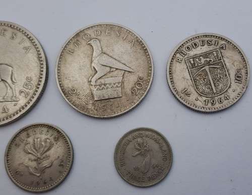 1964 Rhodesia coins 25c(2½ Shillings ),20c( 2 Shillings),10c(1 shilling)sixpence and 3 pence
