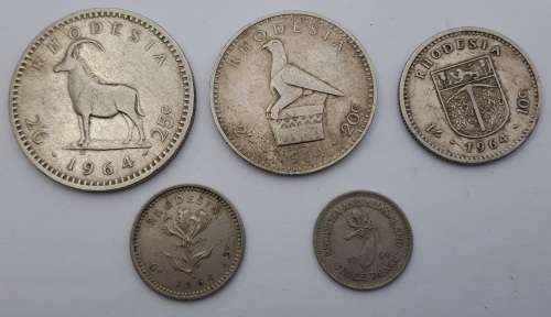 1964 Rhodesia coins 25c(2½ Shillings ),20c( 2 Shillings),10c(1 shilling)sixpence and 3 pence