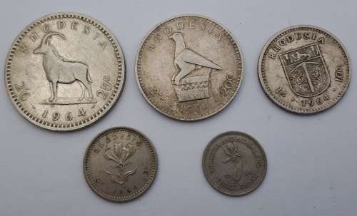 1964 Rhodesia coins 25c(2½ Shillings ),20c( 2 Shillings),10c(1 shilling)sixpence and 3 pence