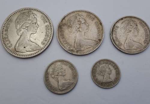 1964 Rhodesia coins 25c(2½ Shillings ),20c( 2 Shillings),10c(1 shilling)sixpence and 3 pence
