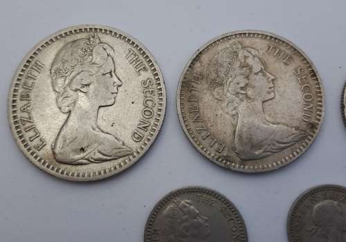 1964 Rhodesia coins 25c(2½ Shillings ),20c( 2 Shillings),10c(1 shilling)sixpence and 3 pence