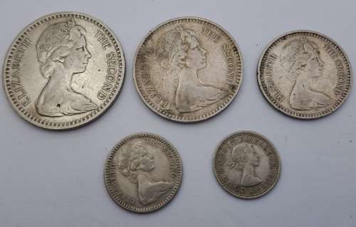 1964 Rhodesia coins 25c(2½ Shillings ),20c( 2 Shillings),10c(1 shilling)sixpence and 3 pence