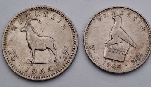 1964 Rhodesia coins 25c(2½ Shillings ),20c( 2 Shillings),10c(1 shilling)and sixpence