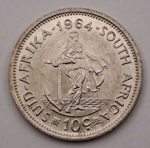1964 South Africa SILVER (.500) 10 Cents 1st decimal series=Circulated