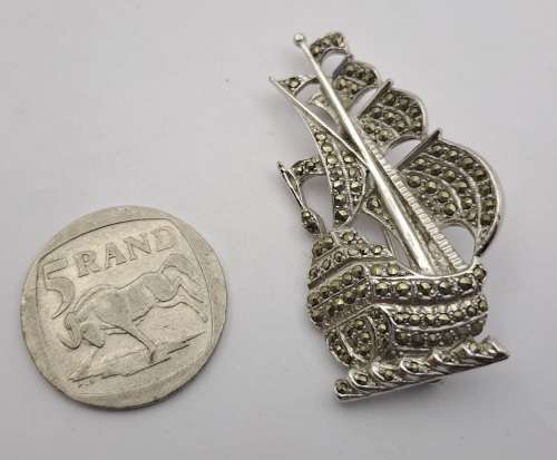 Vintage white Metal Brooch -Ship - 52x28mm