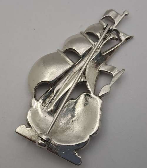 Vintage white Metal Brooch -Ship - 52x28mm