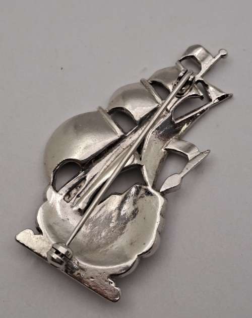 Vintage white Metal Brooch -Ship - 52x28mm