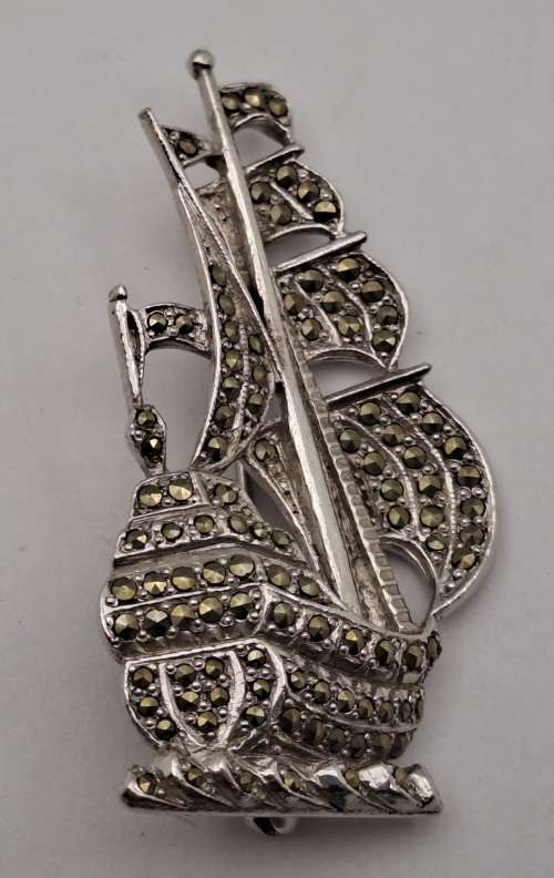 Vintage white Metal Brooch -Ship - 52x28mm
