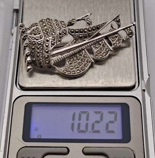 Vintage white Metal Brooch -Ship - 52x28mm