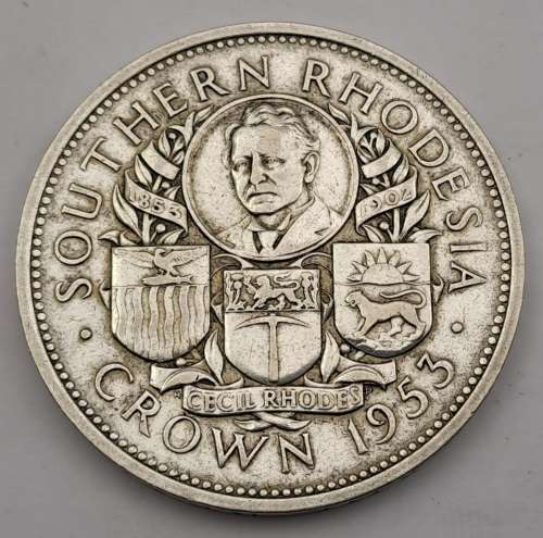 1953  Southern Rhodesia (SILVER .500) 1 Crown - Elizabeth II Cecil Rhodes(Circulated)
