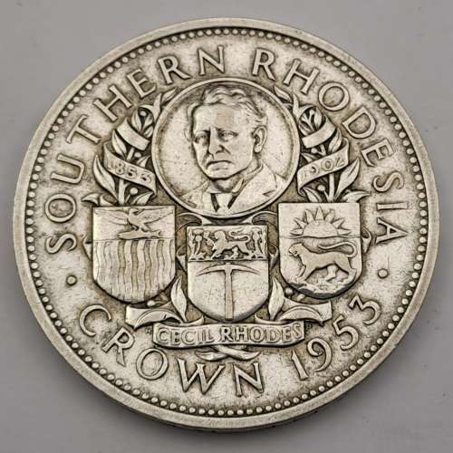 1953  Southern Rhodesia (SILVER .500) 1 Crown - Elizabeth II Cecil Rhodes(Circulated)