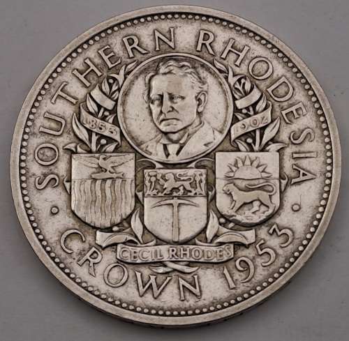 1953  Southern Rhodesia (SILVER .500) 1 Crown - Elizabeth II Cecil Rhodes(Circulated)
