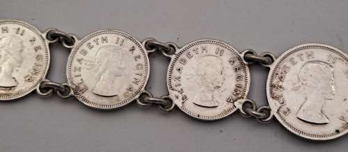Vintage South Africa  SILVER Coin Bracelet (1952-1954 - 6 x Tickey`s and 3 x Six pence)20,84 Gram