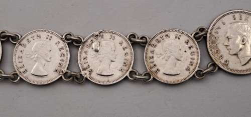 Vintage South Africa  SILVER Coin Bracelet (1952-1954 - 6 x Tickey`s and 3 x Six pence)20,84 Gram