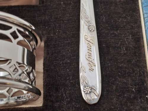 Vintage 1950's Boxed Silver-Plate Christening set (engraved Jennifer)