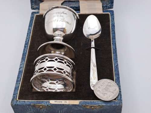 Vintage 1950's Boxed Silver-Plate Christening set (engraved Jennifer)