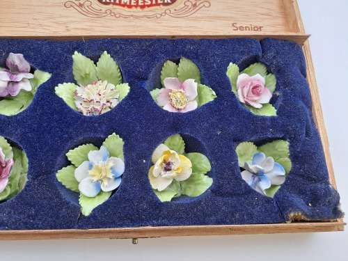 8 Vintage ROYAL ADDERLEY FLORAL bone china porcelain Name card Holders(1 was repaired)in Cigar box