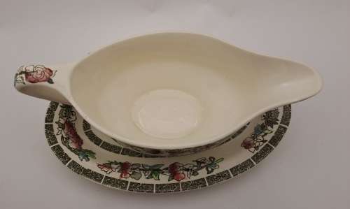 Vintage Johnson Bros `Indian Tree` Gravy Boat with saucer Hand Engraved Ironstone made in England