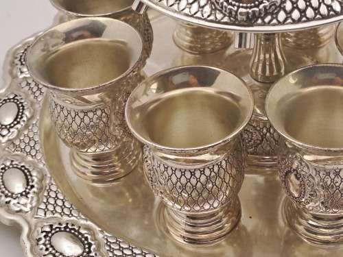 Silver Plated Kiddish fountain with 8 small cups
