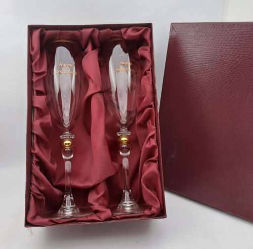 a Pair of Beautiful Large `Happy Anniversary` Champagne glasses (Boxed) 220mm