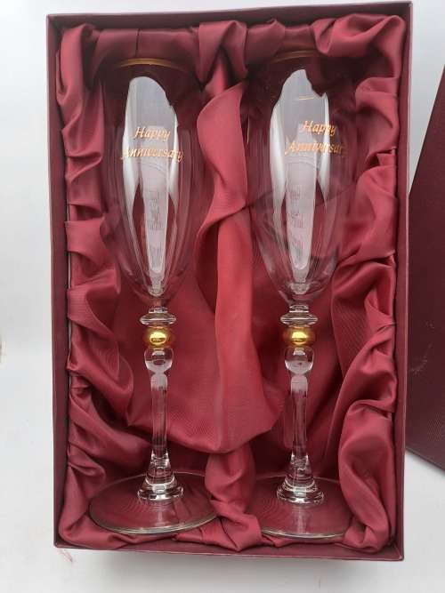 a Pair of Beautiful Large `Happy Anniversary` Champagne glasses (Boxed) 220mm