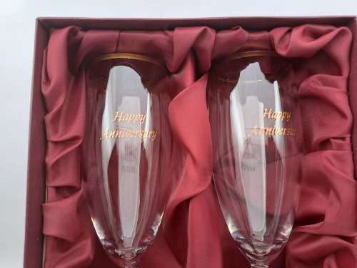 a Pair of Beautiful Large `Happy Anniversary` Champagne glasses (Boxed) 220mm
