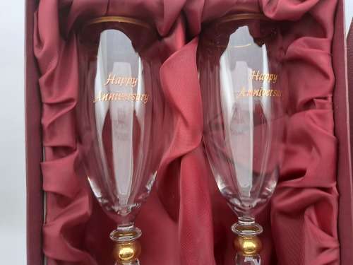 a Pair of Beautiful Large `Happy Anniversary` Champagne glasses (Boxed) 220mm