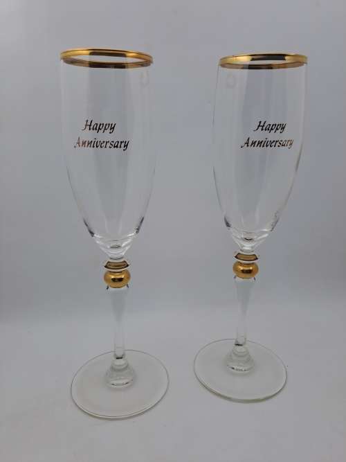 a Pair of Beautiful Large `Happy Anniversary` Champagne glasses (Boxed) 220mm