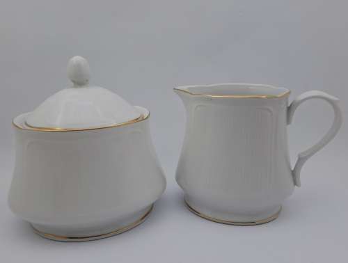 Eetrite CoQuille Dor Fine China 3801 Tea Creamer and sugar pot-Made In Japan(White with Gold Trim)
