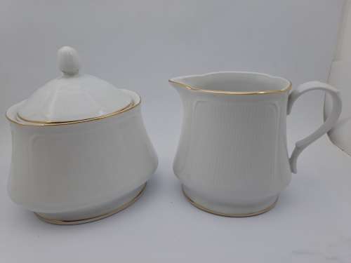 Eetrite CoQuille Dor Fine China 3801 Tea Creamer and sugar pot-Made In Japan(White with Gold Trim)