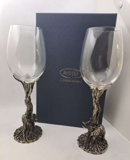 Beautiful Original Artwork By Andy C -Designer Wine Glasses with metal stems (Elephants)
