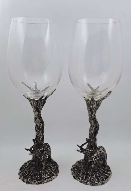 Beautiful Original Artwork By Andy C -Designer Wine Glasses with metal stems (Elephants)
