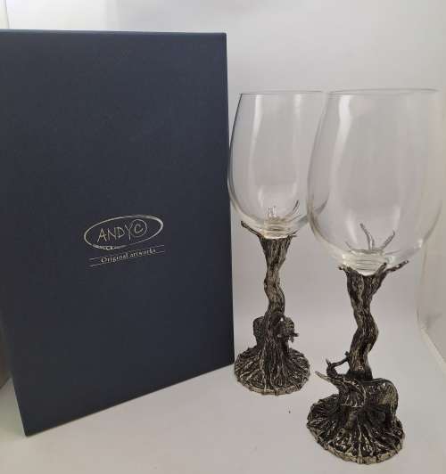 Beautiful Original Artwork By Andy C -Designer Wine Glasses with metal stems (Elephants)