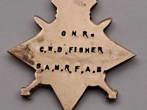 1914-1915  - WW1 Star Medal - engraved   -GNR-C.W.D. Fisher S,A.M.R.F.A.B