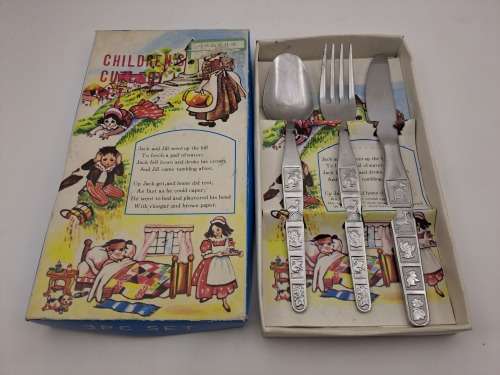 3pc 1980`s Childrens First Cutlery set - Boxed - Jack & Jill -Stainless steel Japan
