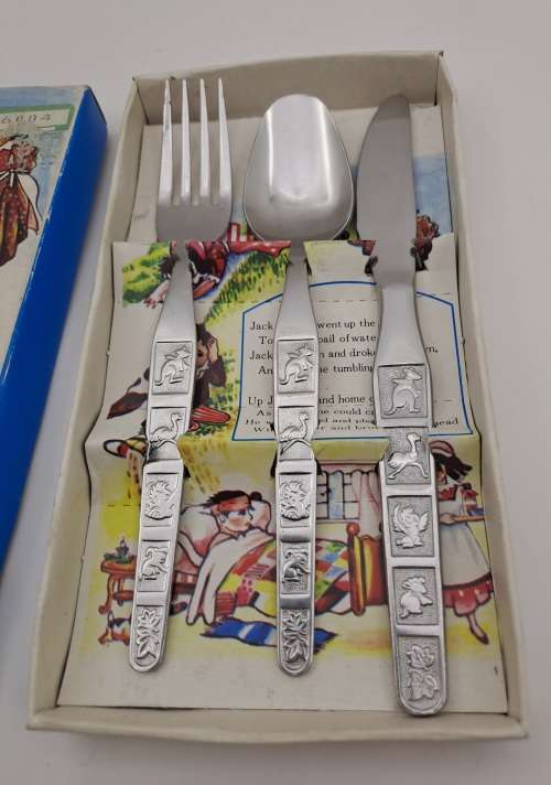 3pc 1980`s Childrens First Cutlery set - Boxed - Jack & Jill -Stainless steel Japan