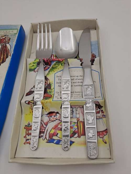 3pc 1980`s Childrens First Cutlery set - Boxed - Jack & Jill -Stainless steel Japan