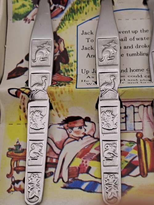3pc 1980`s Childrens First Cutlery set - Boxed - Jack & Jill -Stainless steel Japan