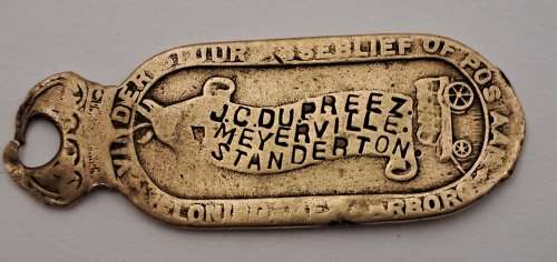 1940`s Brass Railway/Postal Key or luggage tag engraved J.C du Preez Meyerville Standerton  -