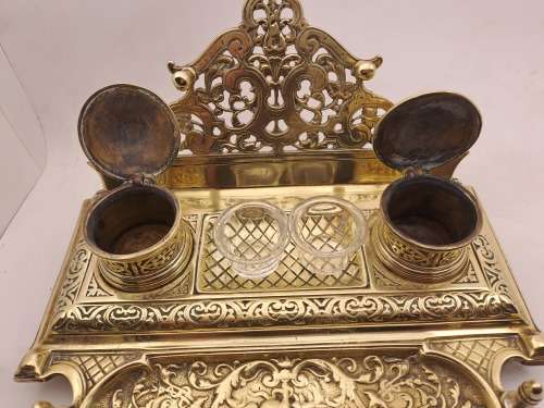 Large Antique Victorian Solid Brass Ink well with double pots 1,5kg   -125mmx250mmx220mm