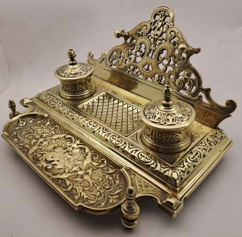Large Antique Victorian Solid Brass Ink well with double pots 1,5kg   -125mmx250mmx220mm