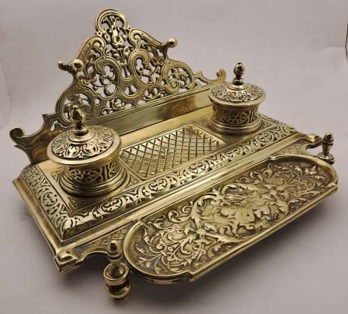 Large Antique Victorian Solid Brass Ink well with double pots 1,5kg   -125mmx250mmx220mm