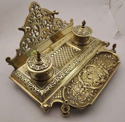 Large Antique Victorian Solid Brass Ink well with double pots 1,5kg   -125mmx250mmx220mm
