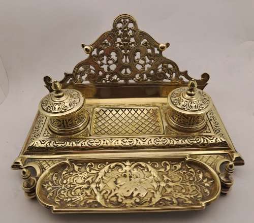 Large Antique Victorian Solid Brass Ink well with double pots 1,5kg   -125mmx250mmx220mm