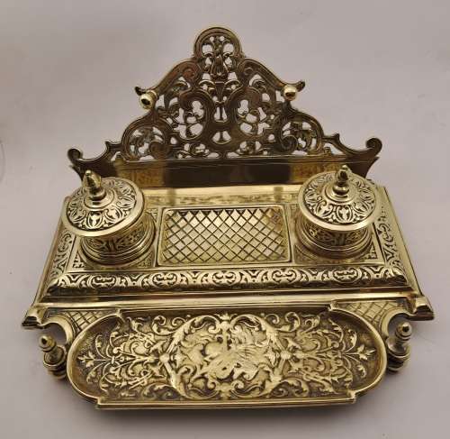 Large Antique Victorian Solid Brass Ink well with double pots 1,5kg   -125mmx250mmx220mm
