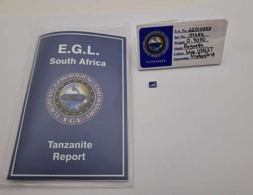 E.G.L Certified 0,907ct Natural Tanzanite -Baguette-Blue-Violet,Eye Clean,-full report -in Capsule