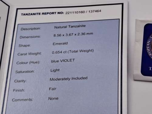 E.G.L Certified 0,654ct Natural Tanzanite -Emerald-Blue-Violet,Light,-full report -in Capsule